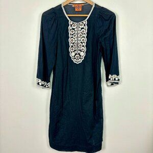 Tory Burch Long Sleeve Shift Tunic Dress Embroidered Beaded Black Womens Size 4